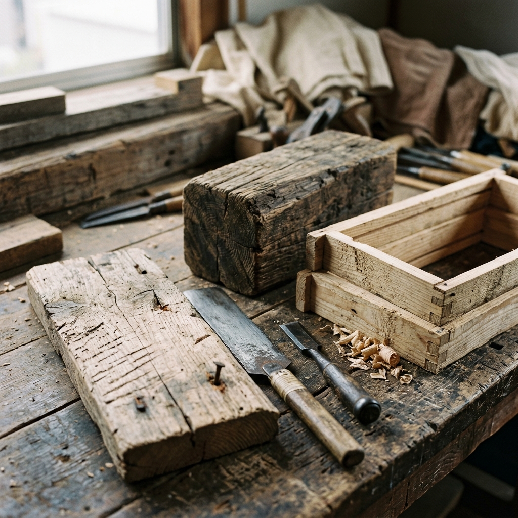 Close-up of aged wood and traditional woodworking tools