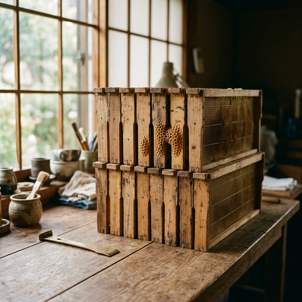 Handmade wooden beehive frames stacked neatly